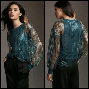 Anthropologie Pilcro Turquoise Sequin Mesh Top Small Balloon Sleeve